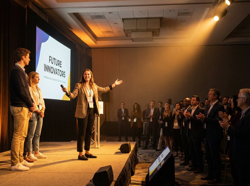 Young entrepreneur pitching on stage at Future Innovators competition with audience applauding