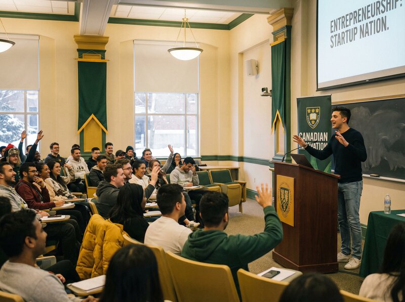 Young speaker presenting on entrepreneurship to engaged university students in lecture hall