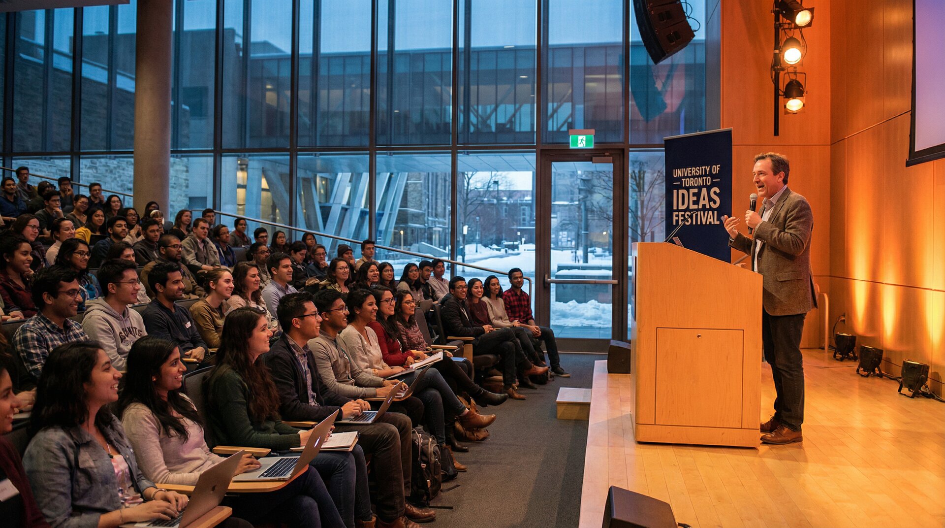 Speaker addressing engaged student audience at University of Toronto Ideas Festival