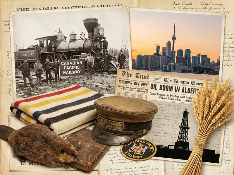 Collage of Canadian economic history: CPR locomotive, Toronto skyline, Hudson's Bay blanket, beaver pelt, oil derrick, and wheat