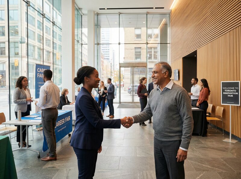 Young professional and business executive shaking hands at career fair in Toronto Innovation Hub