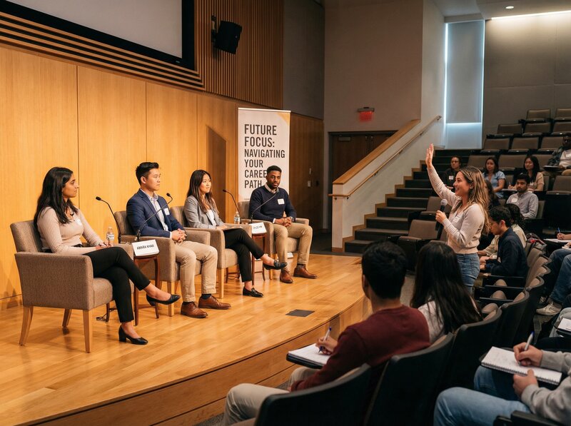 Diverse young professionals on career panel stage with student audience