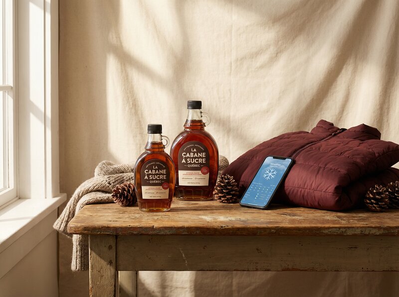 Editorial still life of Canadian products: maple syrup bottles, smartphone app, and winter jacket on wooden table with natural light
