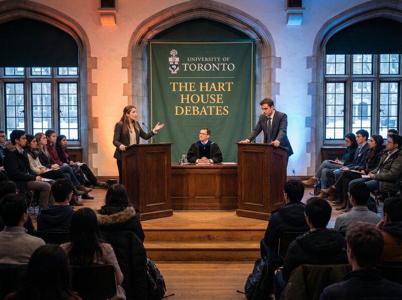Formal university debate with two speakers at opposing podiums