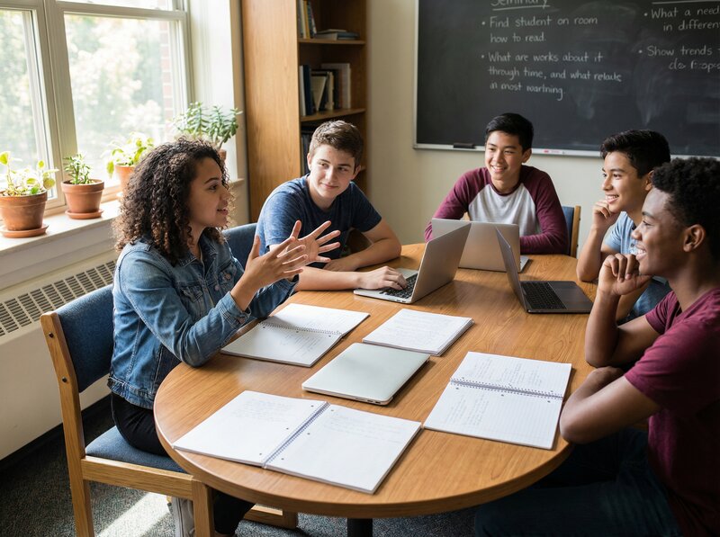 Diverse high school students in animated discussion around seminar table, one student gesturing while others listen