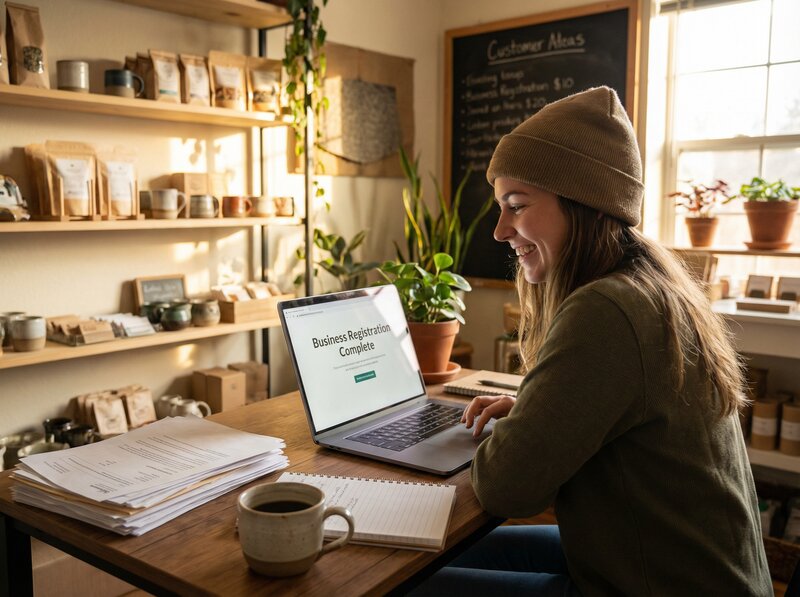 Entrepreneur excited at laptop showing business registration complete