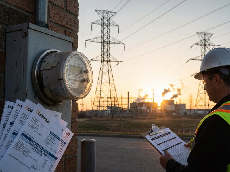 Electricity meter with utility bills and power transmission lines