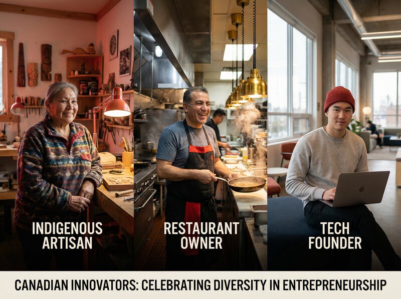 Collage of diverse Canadian entrepreneurs: Indigenous artisan, restaurant owner, and tech founder in their workspaces