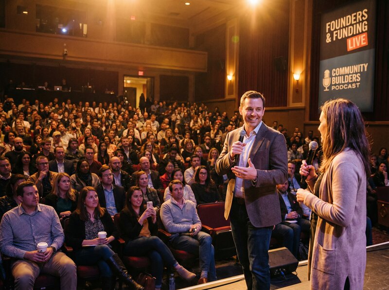 Live podcast recording event with audience