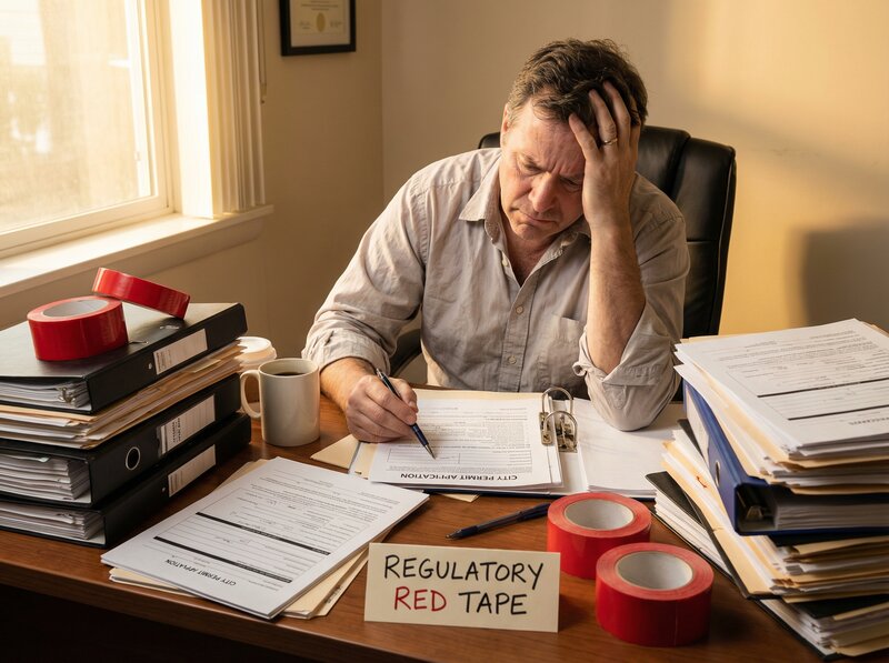Business owner with permit paperwork and government forms