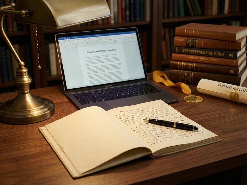 Scholarly desk with essay competition finalists on laptop, handwritten manuscript, award certificate and books