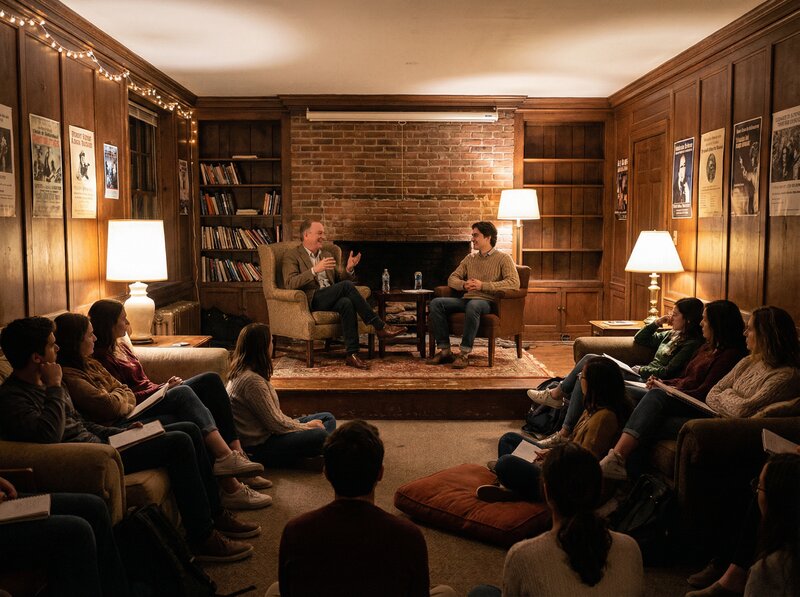 Intimate fireside chat in cozy university lounge with brick fireplace