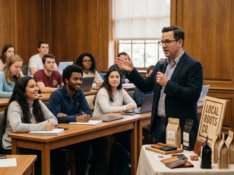 Entrepreneur guest speaker addressing students in classroom setting