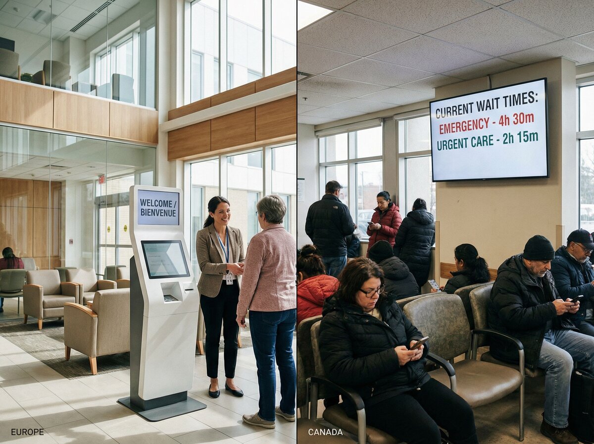 Split comparison: modern European hospital lobby with self-service kiosk versus crowded Canadian waiting room with 4+ hour wait times displayed