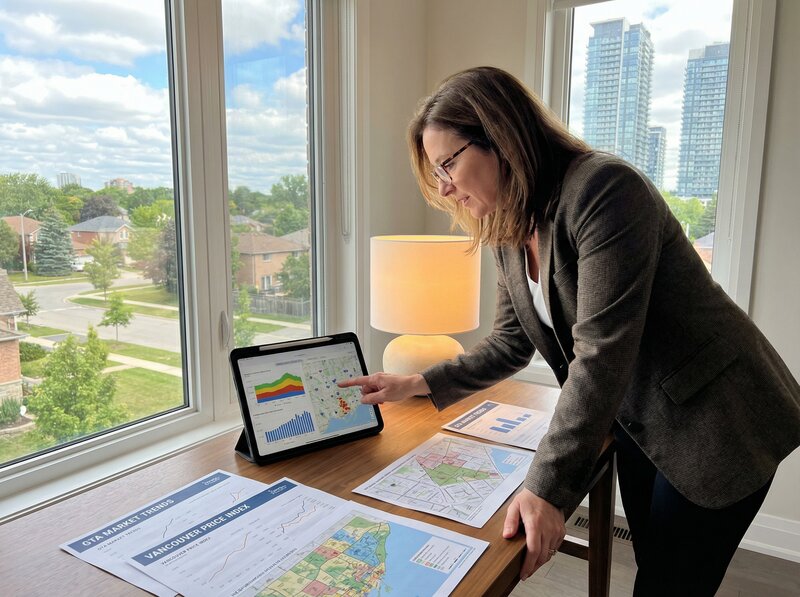 Real estate agent reviewing housing market data with homes visible