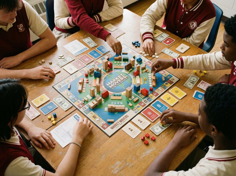 Students playing Market Movers economics board game, overhead view showing game board with city buildings, cards, and currency