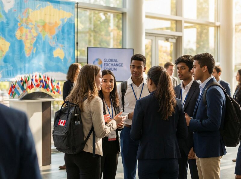 Diverse international students at Global Exchange Forum with world map and flags, Canadian participant networking