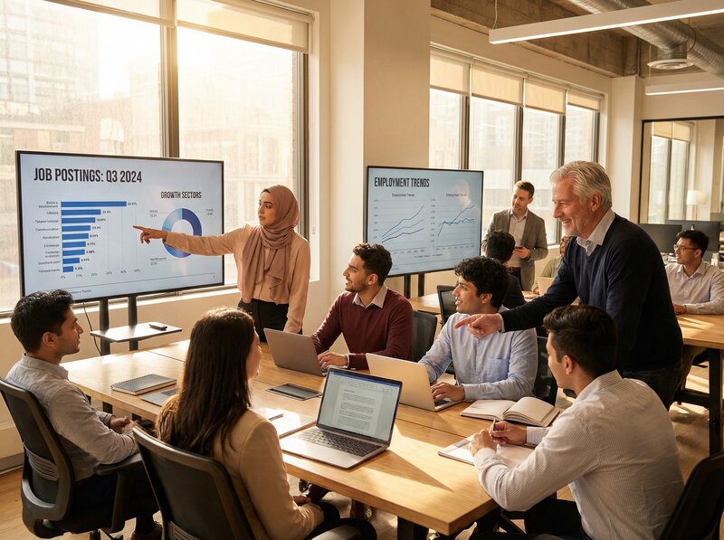 Diverse Canadian workforce collaborating in modern office