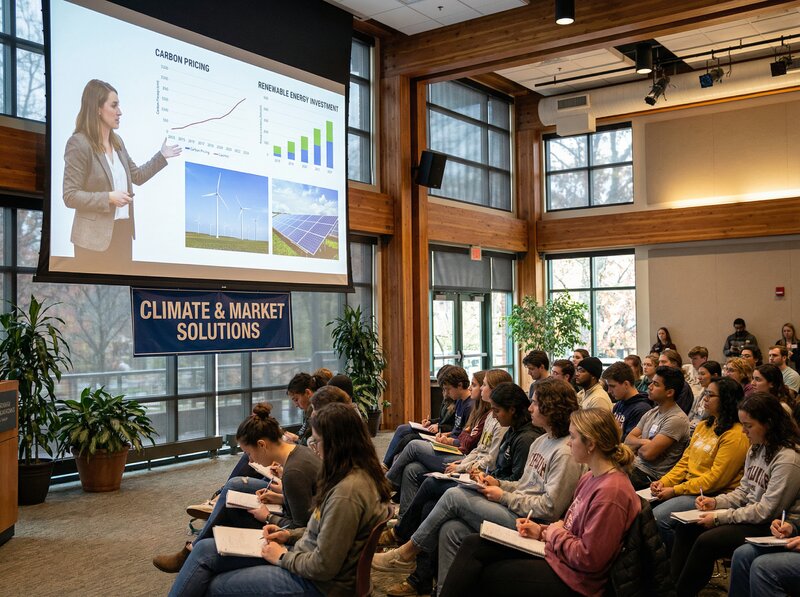 University lecture on climate and market solutions with environmental economics graphs