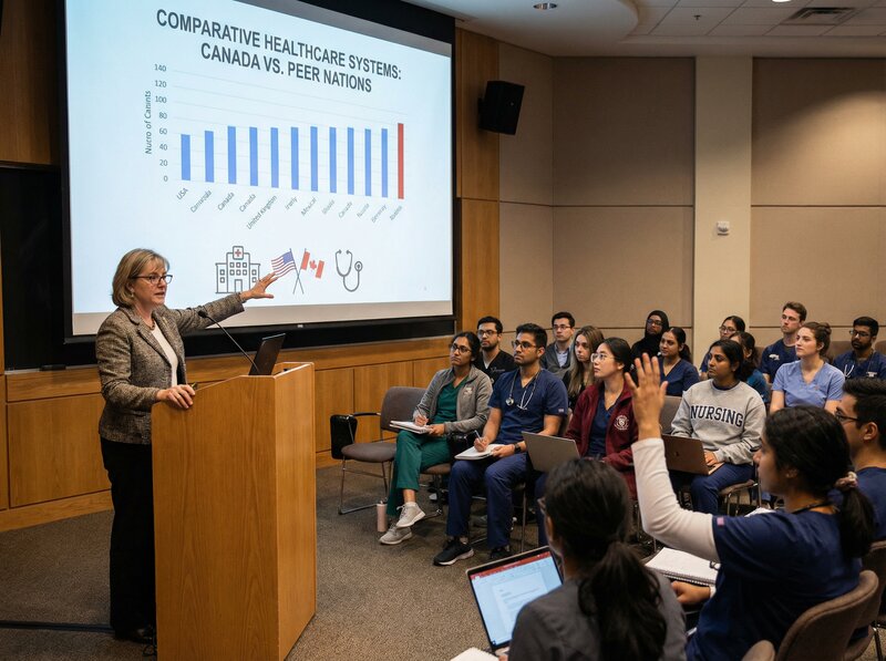 Healthcare policy lecture with comparative healthcare systems chart