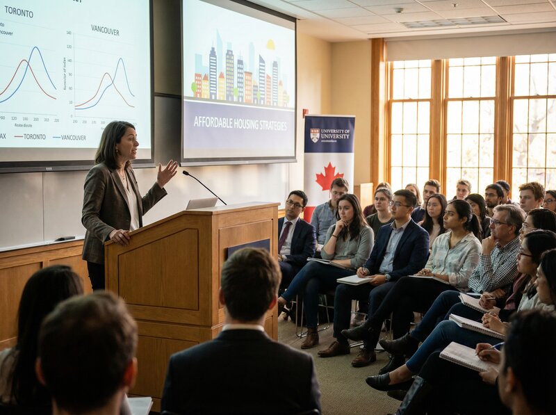 Lecture on housing affordability with housing price charts and city skyline