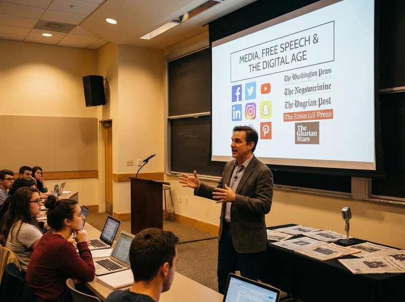 Lecture on media and free speech with journalism graphics