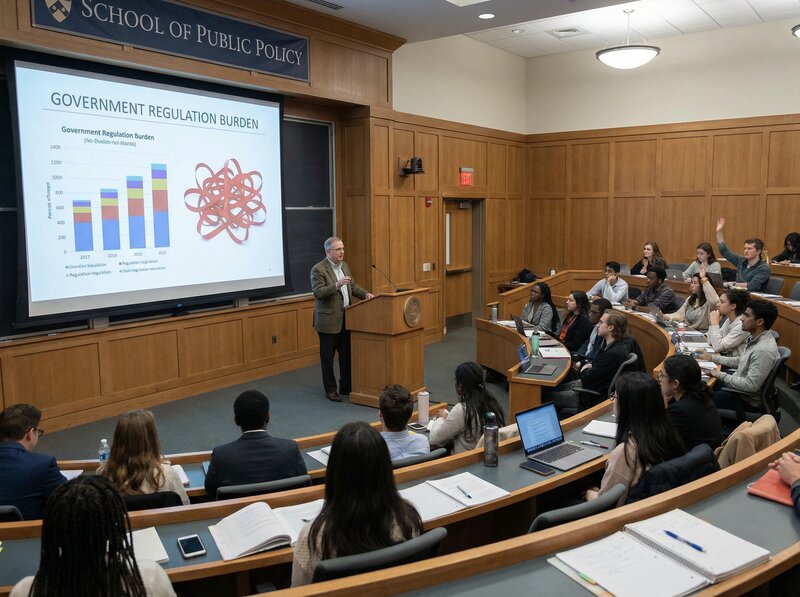 University lecture on government regulation with regulatory burden chart