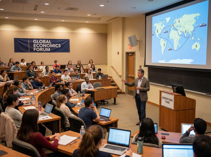 Engaging lecture on international trade with world map and trade routes