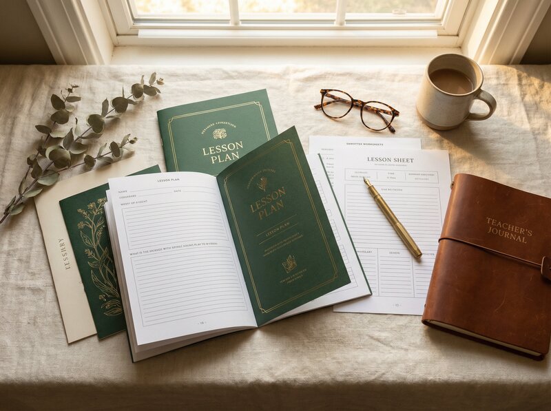 Flat lay of forest green lesson plan notebooks, worksheets, teacher's journal, reading glasses and coffee on cream linen