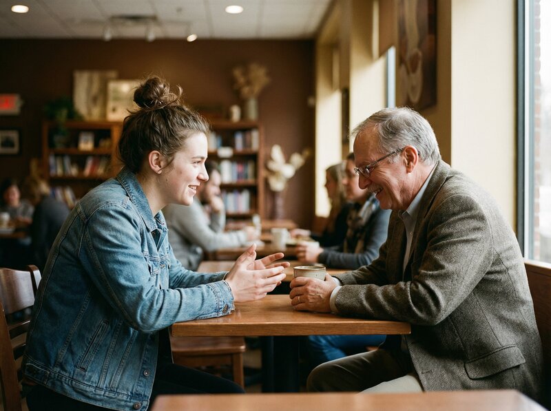 Young person and experienced business mentor in warm conversation at coffee shop