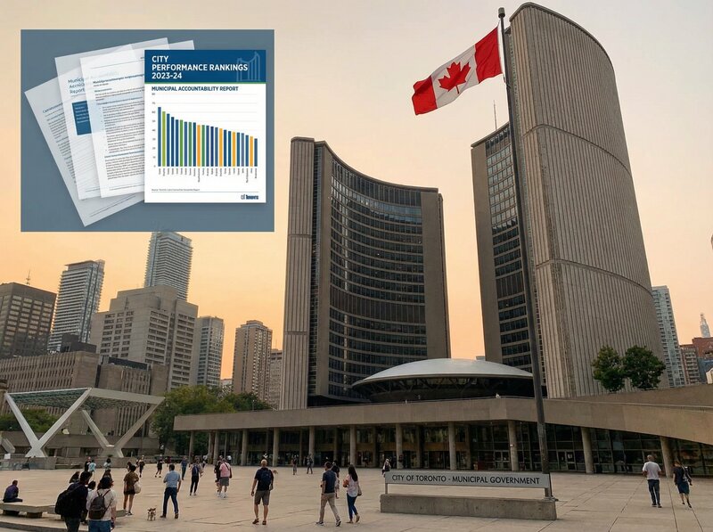 Canadian city hall building with urban skyline and municipal documents