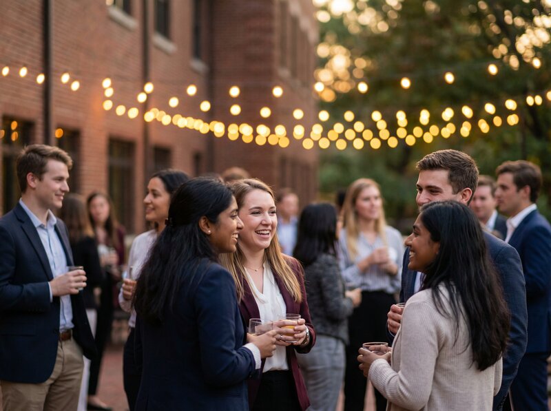 Young professionals networking at evening outdoor event with string lights