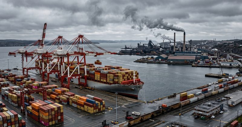 Container ship at Canadian port with industrial cranes