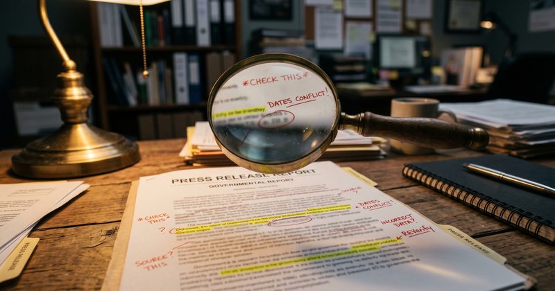Magnifying glass over government documents with red pen marks