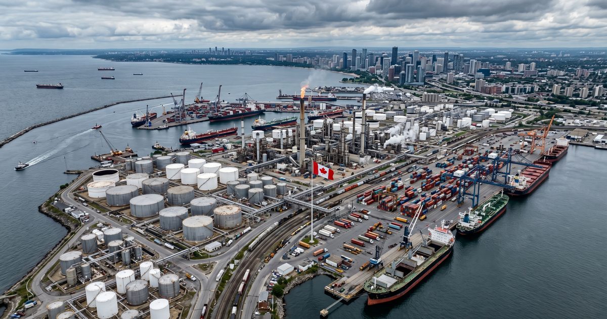 Industrial port and refinery complex with cargo ships — Canada's energy exports in a global market