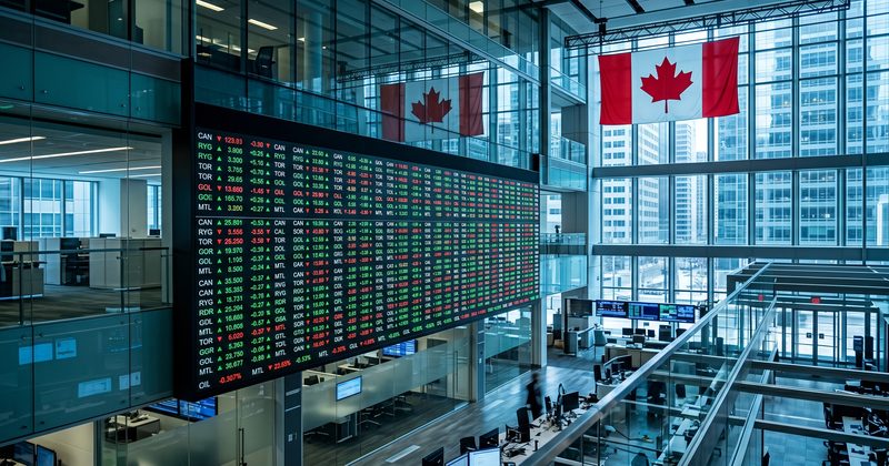 Financial trading display with Canadian flag