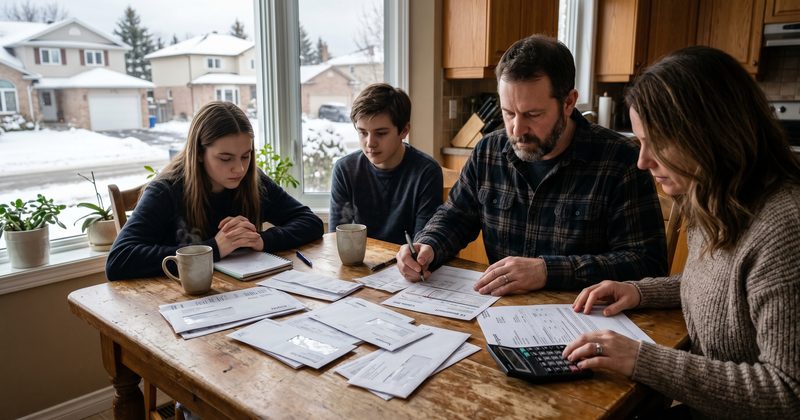 Canadian family reviewing household bills at kitchen table