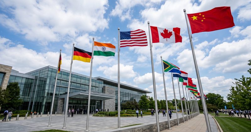 National flags on flagpoles outside a conference building