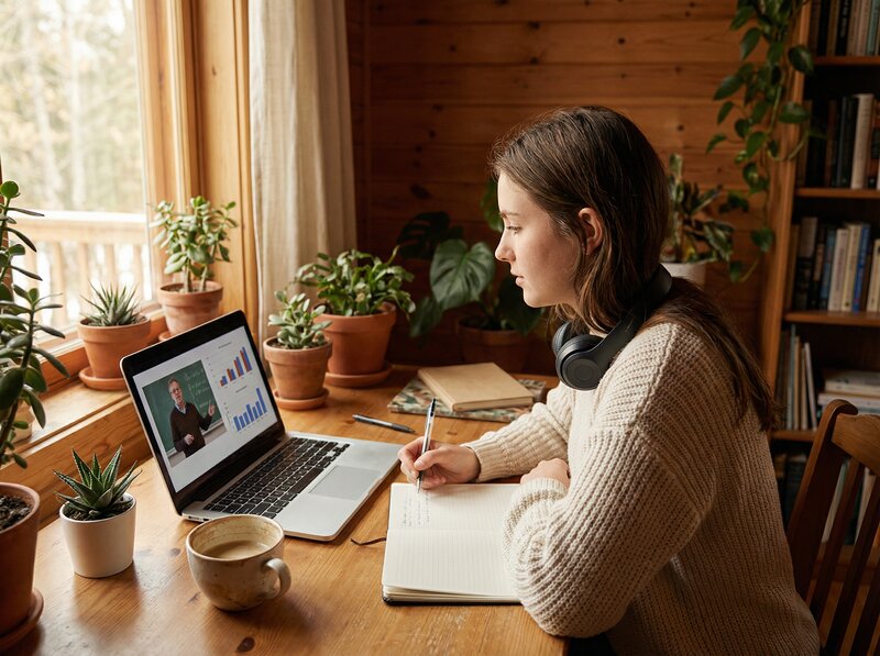 Young student engaged in online course at cozy home desk with plants and natural light