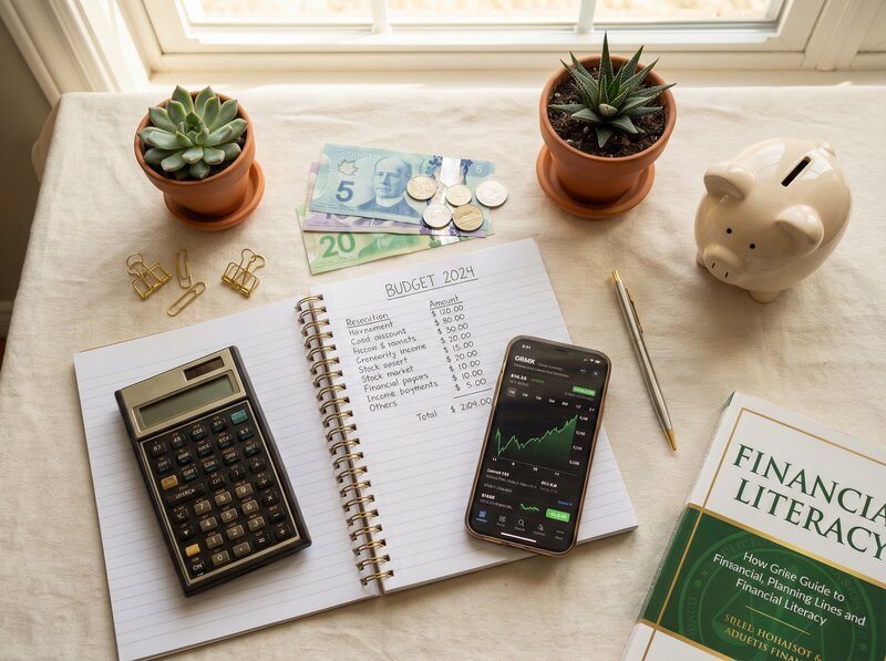 Budget notebook, calculator, smartphone with stock chart, Canadian currency, piggy bank, and Financial Literacy book on cream linen