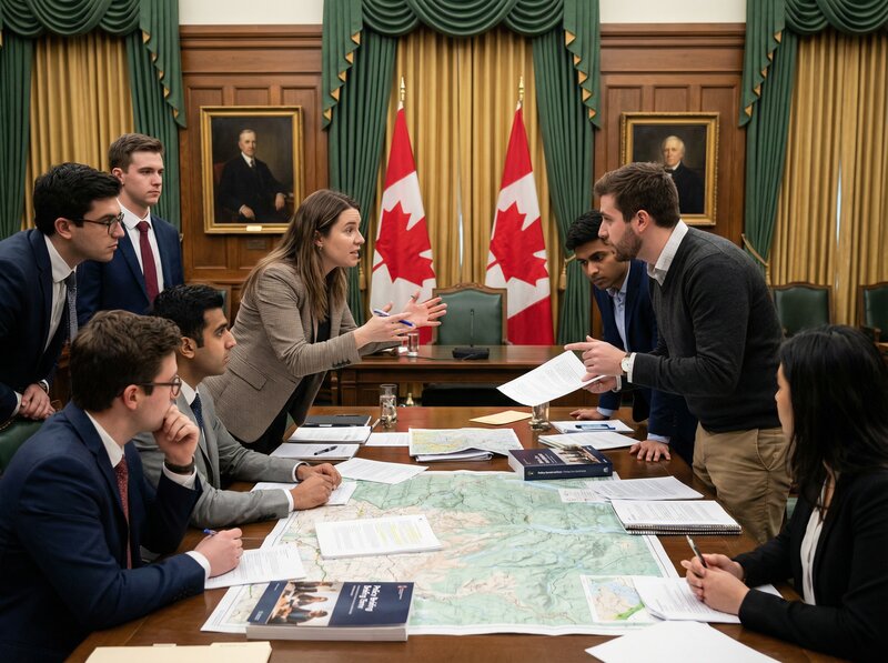 Young Canadians in policy debate around table with maps, Canadian flags and parliamentary setting