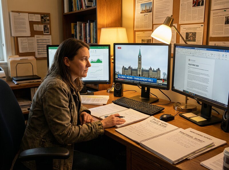 Researcher monitoring policy documents with Parliament on screen