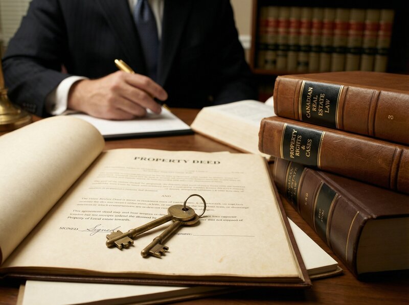 House keys on property deed with Canadian property law books