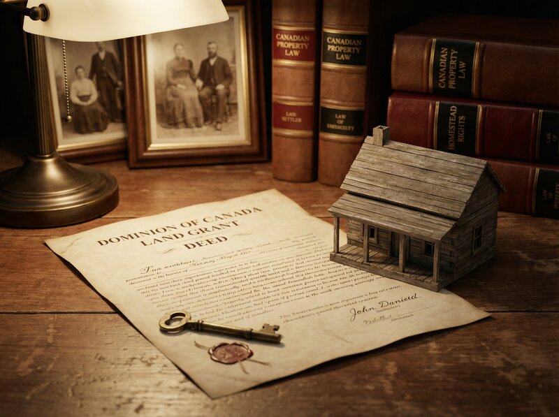 Dominion of Canada Land Grant Deed with brass key, model cabin, Canadian Property Law books, and vintage homesteader photograph