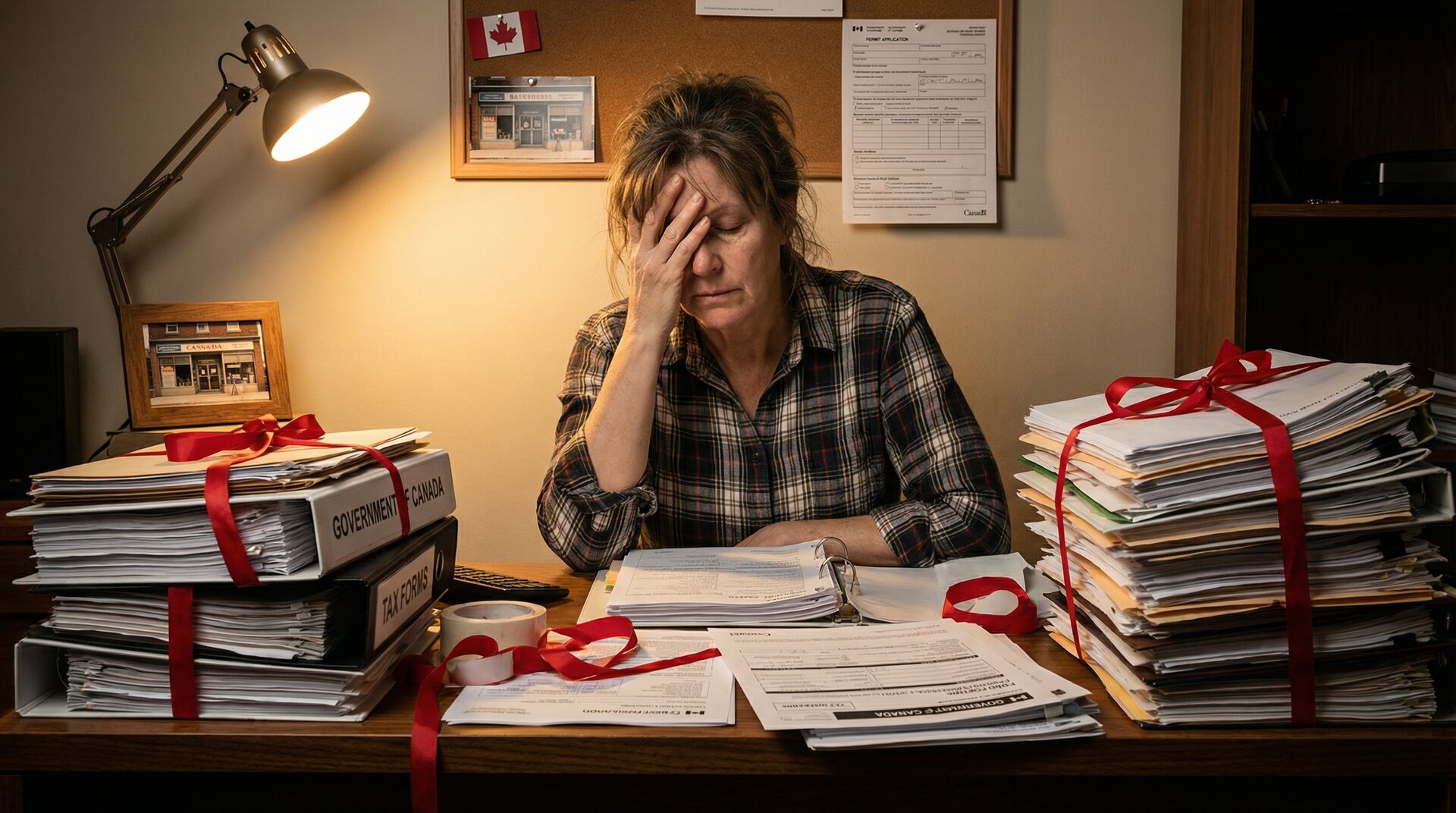 Business owner overwhelmed by government paperwork and permit applications