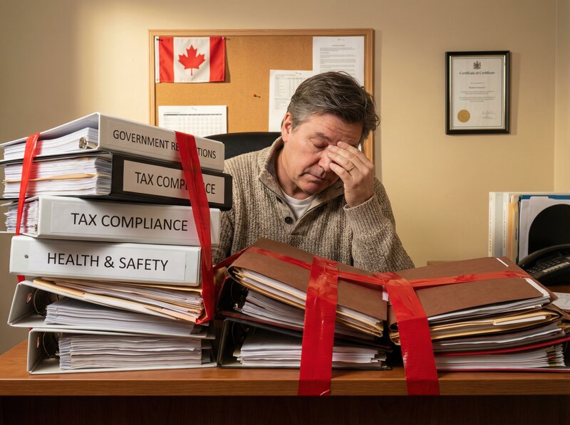 Business owner reviewing regulatory compliance documents and red tape