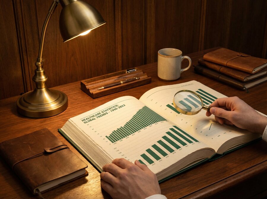 Researcher examining healthcare statistics and global trends data with magnifying glass on wooden desk