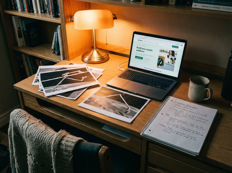 Student desk with Canadarm photos, laptop showing Shopify, handwritten research notes, and warm desk lamp