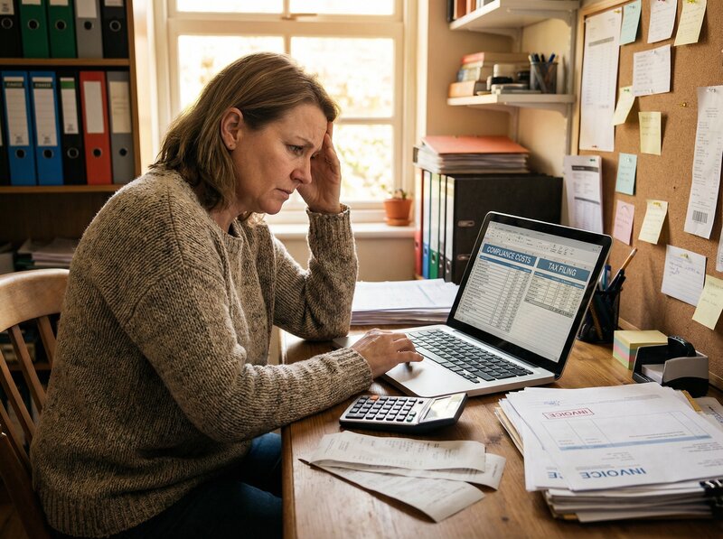 Small business owner calculating compliance costs with spreadsheets