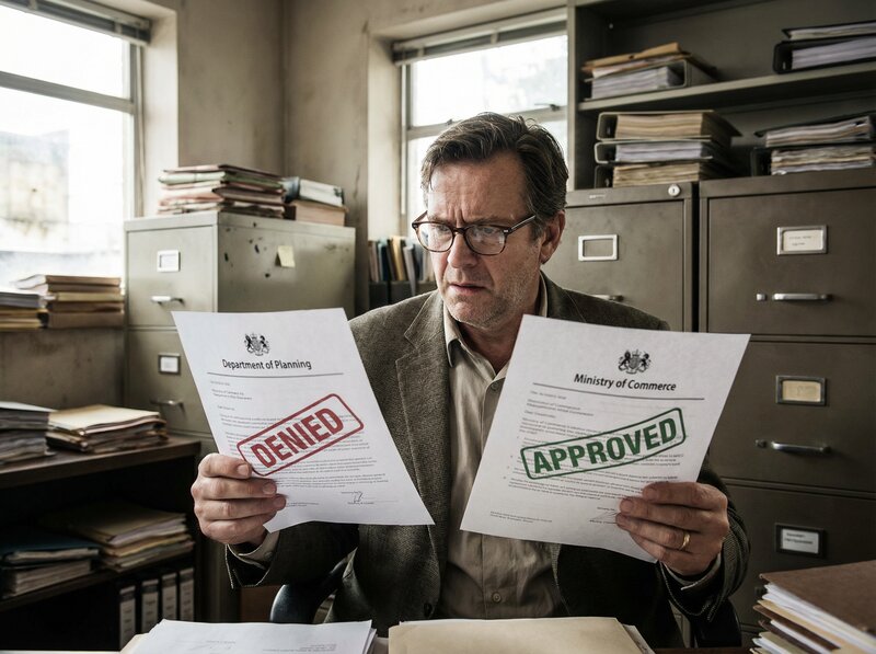 Business owner holding conflicting government documents